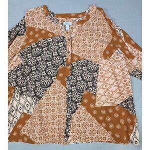 d&co Womens Floral Patchwork Blouse Lightweight Long Sleeve Blue Size 3X